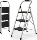 3 Step Ladder for Kitchen Step Stool, Lightweight Folding Step Stool with Curved Safety Handrail, Auto-Lock Mechanism & Non-Slip Wide Pedals, Slim&Foldable for Home Indoor（Sliver）