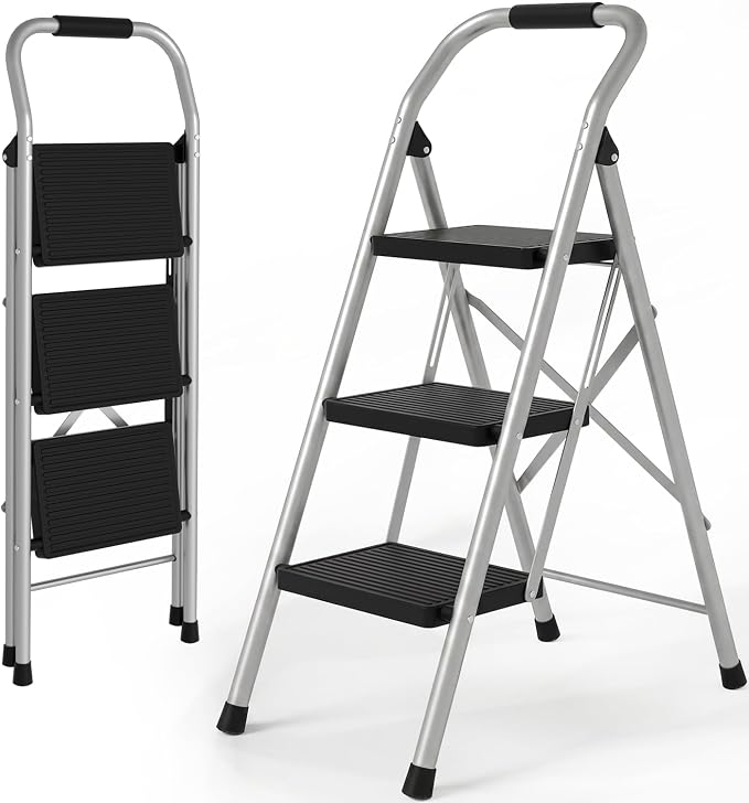 3 Step Ladder for Kitchen Step Stool, Lightweight Folding Step Stool with Curved Safety Handrail, Auto-Lock Mechanism & Non-Slip Wide Pedals, Slim&Foldable for Home Indoor（Sliver）