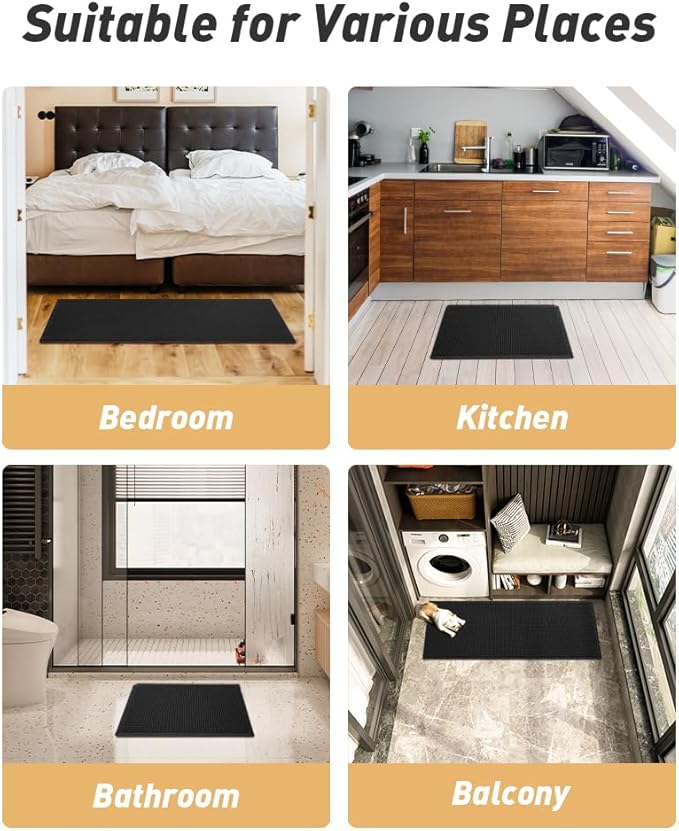 Upgraded Waffle Bath Mat Set of 2, Super Absorbent Non Slip Bath Mats for Bathroom Floor, Washable Boho Bathroom Rugs Set 2 Piece with Tassels, Soft Bathroom Mat Set, 17" x 24" +18" x 30", Black