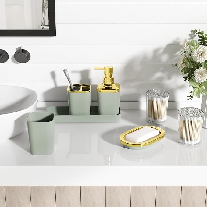 XLHOMO Bathroom Set - Sage Green Bathroom Accessories Set, Bathroom Sets with Shower Curtain and Rugs, Sage Green Shower Curtain Set with Bathroom Trash Can, Soap Dispenser, Soap Dish for Home Decor