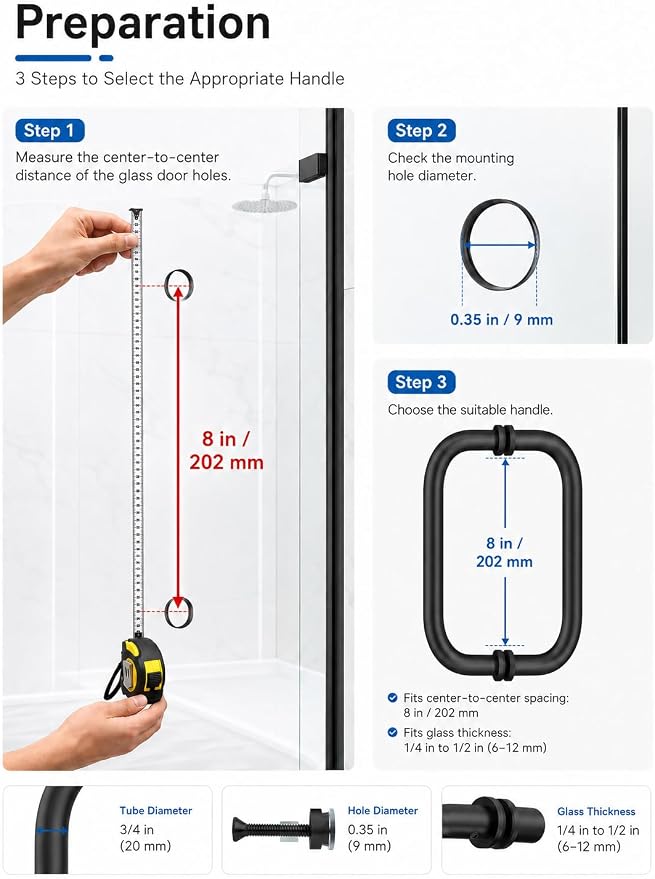Shower Door Handle, 8 Inch Hole Centers (CTC), 304 Stainless Steel Back-to-Back Glass Door Pull Replacement Hardware for Frameless Sliding Bathroom Doors, Heavy Duty Tubular Grip, Matte Black