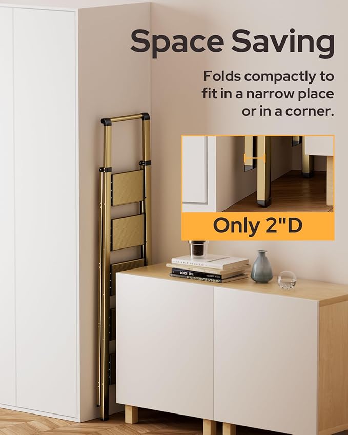 5 Step Ladder for 10 Feet High Ceiling, Lightweight Aluminum Folding Step Stool with Convenient Handgrip, Stepladders with Anti-Slip and Wide Pedal for Home Use Space Saving - Gold
