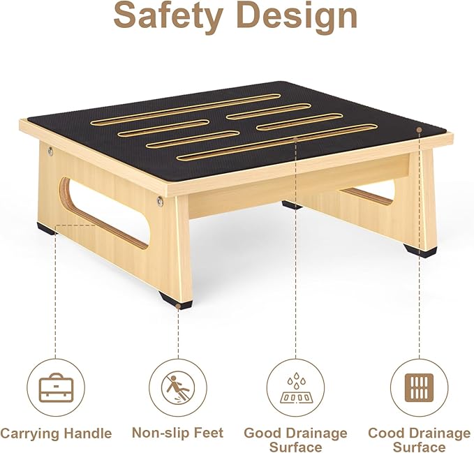 Step Stool, Bed Steps for High Beds for Adults with Non-Slip Rubber Stepping Surface and Handles, 450 LBS Capacity for Bedroom Kitchen Bathroom, or Bedside, Senior Support(Natural)