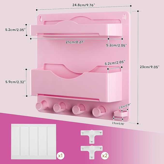 Pink Bedside Shelf Organizer - Wall Mount Phone Holder with Glasses Hook & 50 Motivational Stickers for Girls Bedroom Dorm Decor