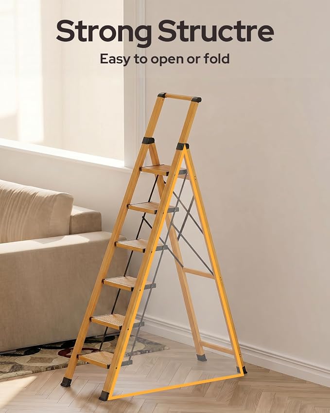 6 Step Ladder for 12ft High Ceiling, Lightweight Aluminum Folding Step Stool with Convenient Handgrip, Stepladders with Anti-Slip and Wide Pedal for Home and Kitchen Use - Woodgrain (300 lbs)