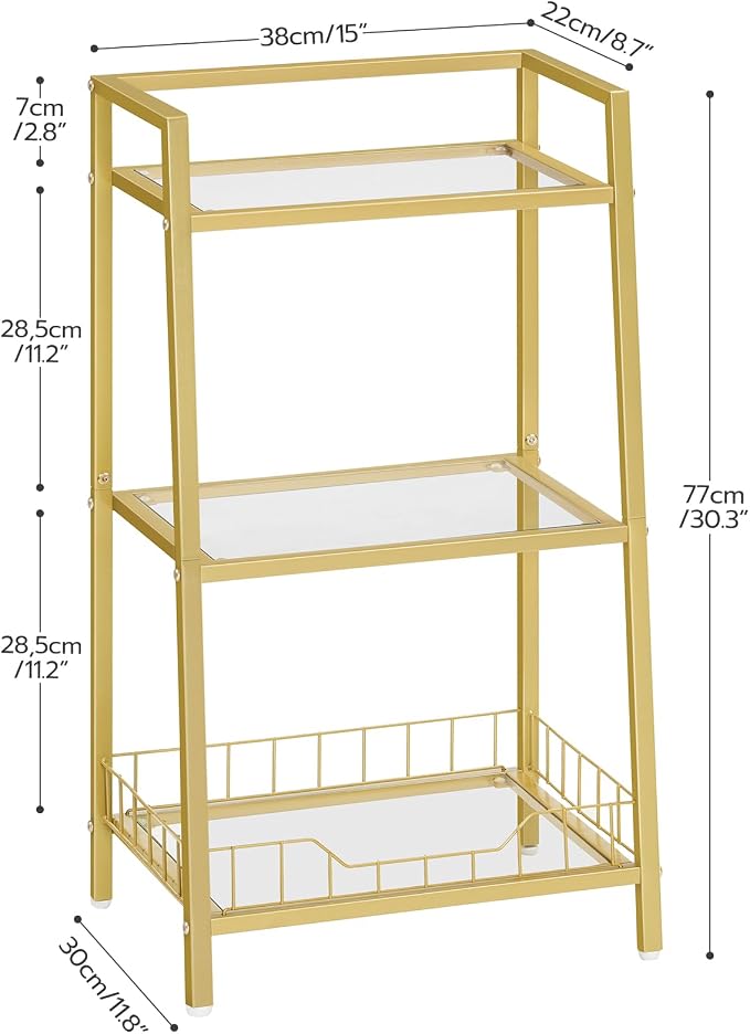 HOOBRO Gold Glass Shelf Stand, 3 Tier Standing Shelf Unit, Bathroom Organizer and Storage, Floor Storage Shelves Waterproof, for Bathroom, Laundry, Toilet, Tempered Glass, Gold GD77CJ01