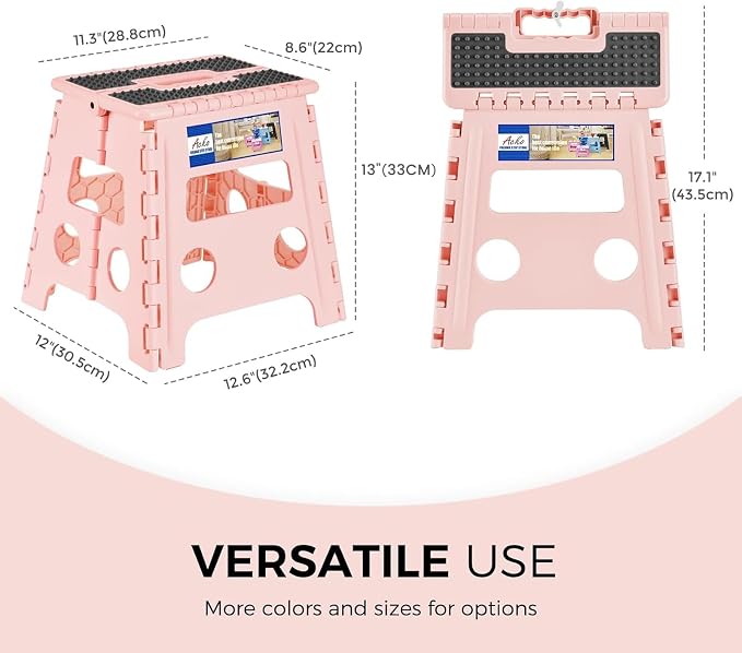 ACKO Folding Step Stool 13 inch Height Premium Heavy Duty Foldable Step Stools for Adults and Kids, Kitchen Plastic Small Collapsible Stepping Stool Hold Up to 300 LB Dot Pink (1 Pack)
