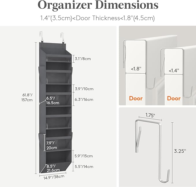 Lifewit 1 Pack Over the Door Organizer, 6 Section Clear Window Hanging Storage with 4 Side Pockets, Sturdy Anti Tilt 40 lbs Load Behind Door for Closet, Bedroom, Bathroom, Nursery, Dorm, Dark Gray