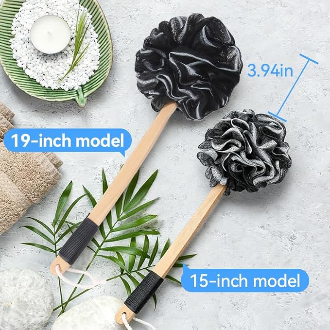 FORENEE Long Loofah with Handle, Back Scrubber for Shower, Loofah on a Stick (19.09"), Black & White 4.72" Jumbo Mesh PE Pouf, Waterproof Coated Wooden Handle, Non-Slip Grip, Hanging Loop, Men & Women