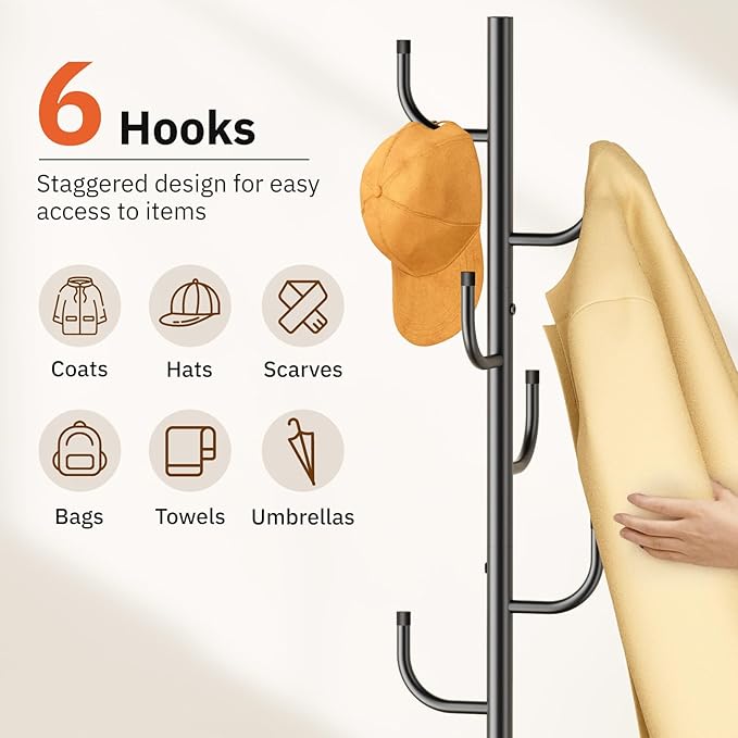 MISSLO Heavy Duty Coat Rack Freestanding with Stable Wood Base Metal Coat Tree Adjustable Coats Hanger Stand with 6 Hooks Clothes Tree for Jackets, Hats, Bags Standing Purse Rack for Bedroom, Office
