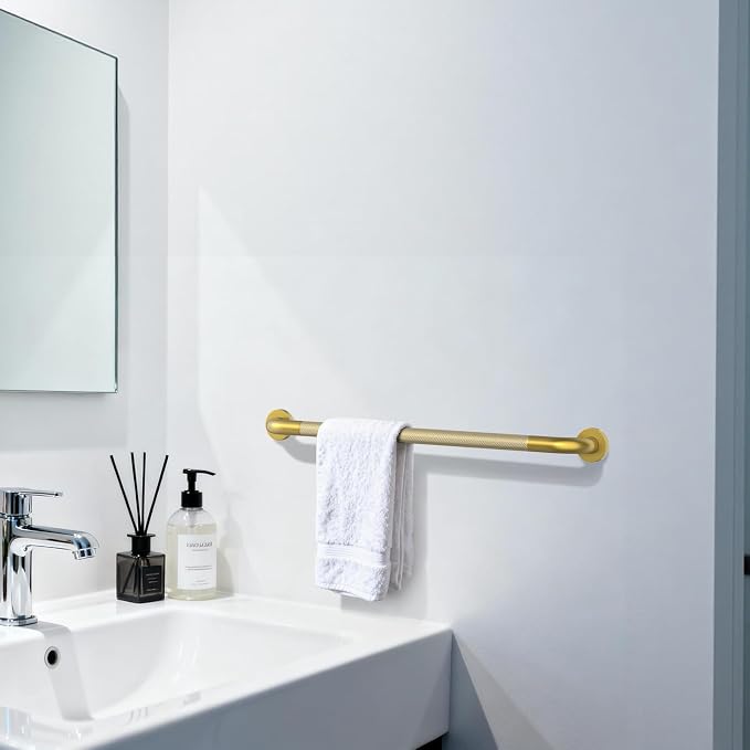 Shower Grab Bar 32 Inch, iHansee Brushed Gold Bathroom Grab Bar w/Anti-Slip Knurled Grip, Stainless Steel Bath Safety Bars Support Handrail for Senior Elderly, Toilet Bathtub Balance Handle for Wall