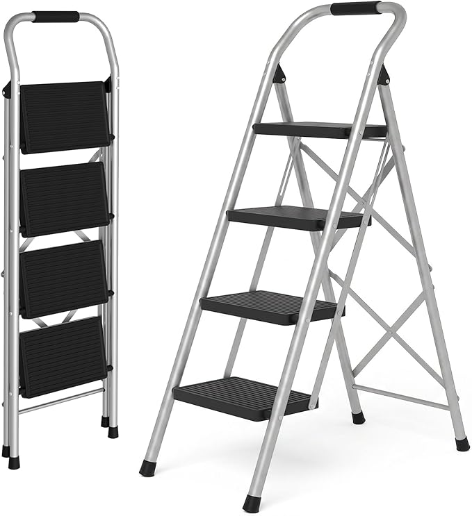 4 Step Ladder for Kitchen Step Stool, Lightweight Folding Step Stool with Curved Safety Handrail, Auto-Lock Mechanism & Non-Slip Wide Pedals, Slim 4 Step Ladder Foldable for Home Indoor（Sliver