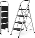 4 Step Ladder for Kitchen Step Stool, Lightweight Folding Step Stool with Curved Safety Handrail, Auto-Lock Mechanism & Non-Slip Wide Pedals, Slim 4 Step Ladder Foldable for Home Indoor（Sliver