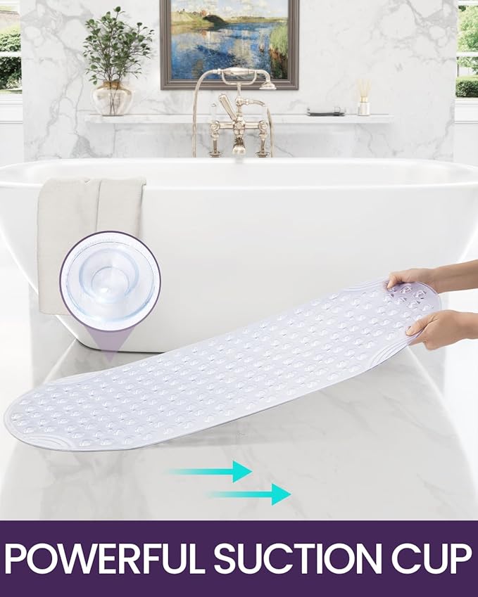DEXI Bathtub Mat Non Slip 16x35, Shower Floor Mats for Bathroom Bath Tub, Washable Oval Bathmat with Suction Cups and Drain Holes, Clear