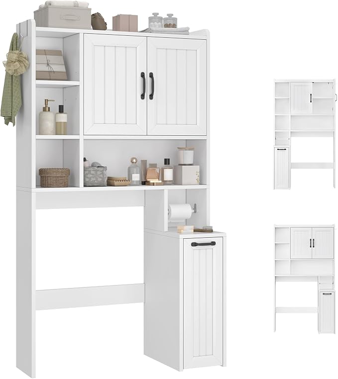 UPOSOJA Over The Toilet Storage Cabinet with Pulley Small Bathroom Storage Cabinet, Space Saver W/Adjustable Shelf & Open Shelf for Bathroom, Restroom, Laundry (White-Type A)