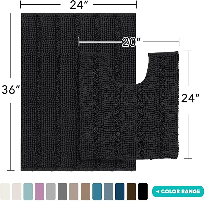 Turquoize Chenille Bathroom Rugs Set Non-Slip Bath Mats for Bathroom Super Absorbent Shaggy Rugs for Tub Shower Toilet Plush Bath Rug Plus U Shaped Rug (Oversized: 24" x 36" and 20" x 24" U), Black
