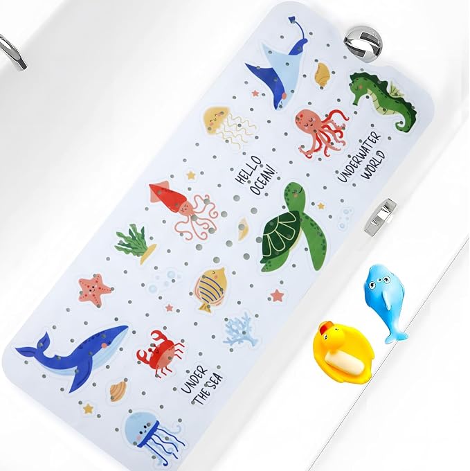 Baby Bath Mat for Tub Non Slip Kids Bathtub Mat Extra Long 40X16 Inch Toddler Bath Tub Shower Mat Anti Slip with Suction Cups & Drain Holes, Machine Washable (Under the sea)