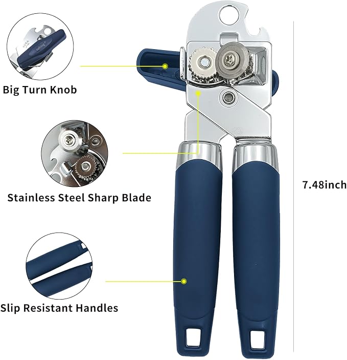 Safring Can Opener Manual, Handheld Strong Heavy Duty Stainless Steel Can Opener, Comfortable Handle, Sharp Blade Smooth Edge, Can Openers with Multifunctional Bottle Opener, Blue