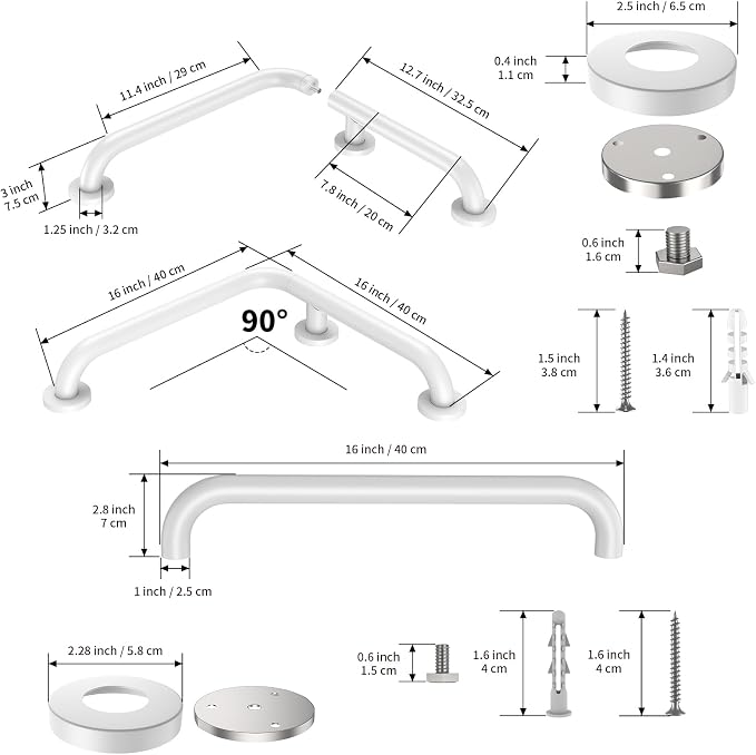 Angled Grab Bar 16x16 Inch White, L-Shaped Shower Grab Bar w/16 Inch Straight Bathtub Toilet Safety Handrail Wall Mounted, Stainless Steel Balance Support Bar for Seniors Elderly Injury Handicap