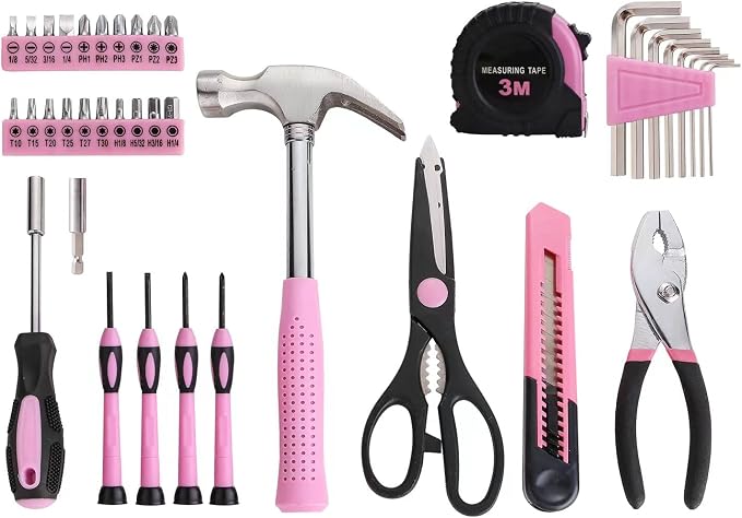 39 Piece All Purpose Basic Household Pink Tool Kit for Women - Small Tool Set with Toolbox Great for Home, Garage, Office and College Dormitory Use