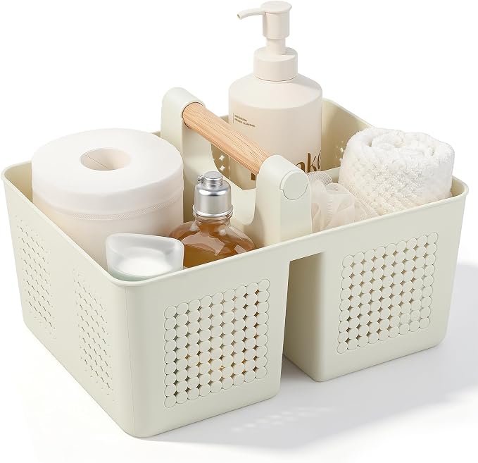 JiatuA Shower Caddy Basket Portable Caddy Organizer with Handle Cleaning Supplies Caddy Plastic Tool Storage for Bathroom Kitchen College Dorm Bedroom, Beige