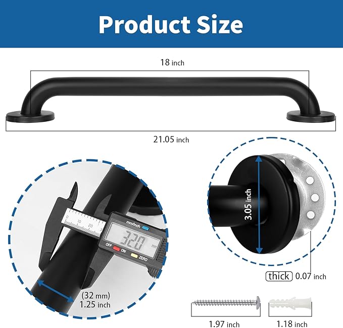 Safety Shower Grab Bars for Seniors, Stainless Steel Anti Slip Shower Handle, ADA Compliant Hand Rails, Holds up to 500 LBS Grab Bars for Elderly for Wall (Black, 18 Inches)