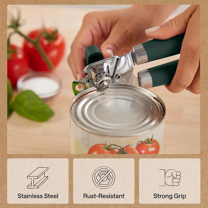 GORILLA GRIP Heavy Duty Stainless Steel Smooth Edge Manual Can Opener and Bottle Openers, Soft Comfortable Handle, Oversized Handheld Turn Knob, US Designed Multifunctional Kitchen Tool, Hunter Green