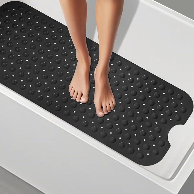 WarmSnow Long Bathtub Mat Non Slip 39.5 x 16 Inch, Inside Shower Mats with Suction Cups & Drain Holes, Soft TPE Bath Mat for Tub, Quick-Drain Bathroom Floor Mats, Black