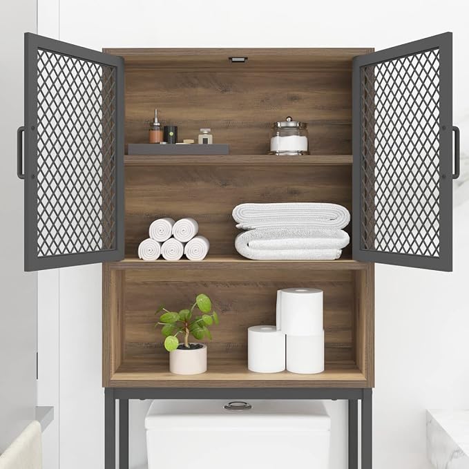 Launica Over the Toilet Storage Cabinet, Over Toilet Bathroom Organizer with Mesh Doors and Shelves, Freestanding Bathroom Storage Cabinet Above Toilet, Wood and Metal, Rustic Oak