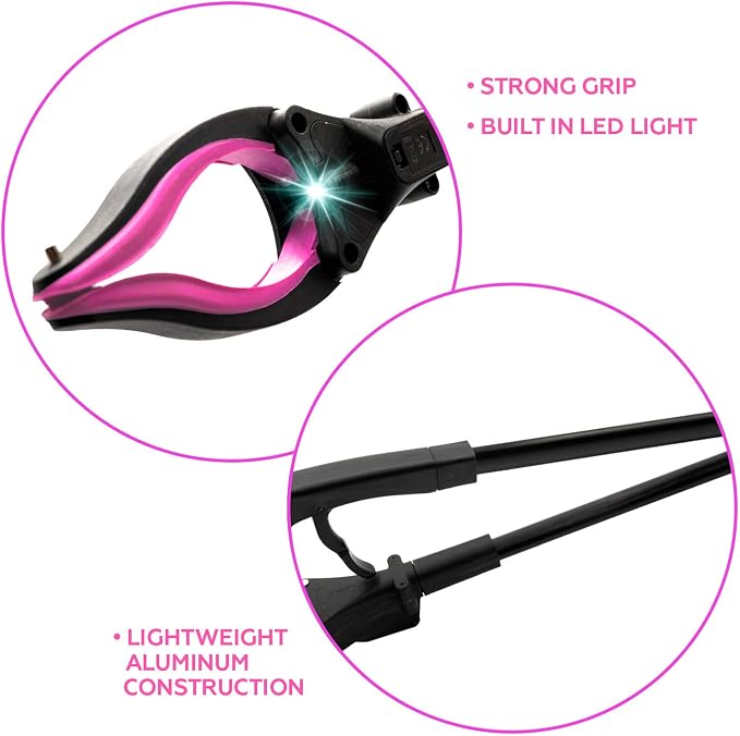 Grabber Reacher Tool-Long 32 Inch Aluminum Foldable Pick Up Stick-Strong Grip Shelves LED Light Magnetic Tip, Lightweight Trash Picker Claw Reacher Grabber Tool for Elderly - by Luxet (32 Inch, Pink)