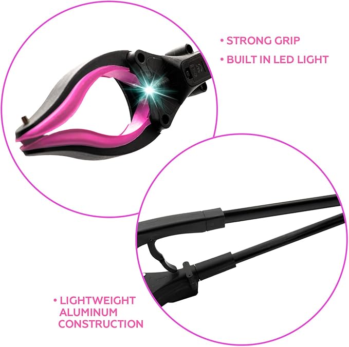 Grabber Reacher Tool-Long 32 Inch Aluminum Foldable Pick Up Stick-Strong Grip Shelves LED Light Magnetic Tip, Lightweight Trash Picker Claw Reacher Grabber Tool for Elderly (32" 2-Pack, Pink)