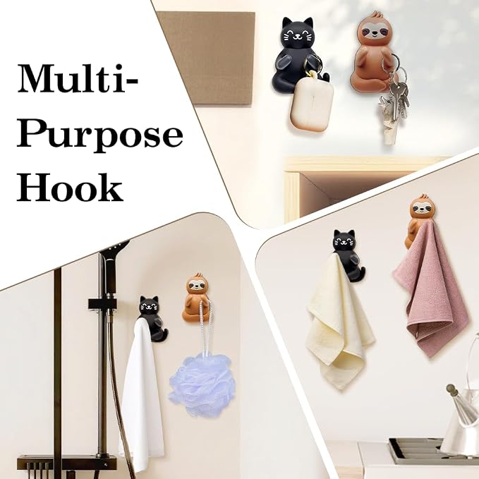 Cute Cat and Sloth Waterproof Self-Adhesive Shower Hook Set, Black Cat and Brown Sloth Razor Holder Bathroom Accessory for Men Women Animal Lover, Animal Lover Bathroom Decor Gifts for Women Men
