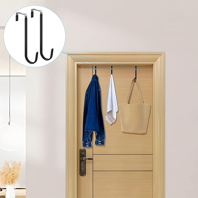 FYY Over the Door Hooks, 4 Pack Upgraded Long Door Hangers Hooks with Rubber Prevent Scratches Heavy Duty Organizer Hooks for Hanging Clothes, Towels, Hats, Coats, Bags Black