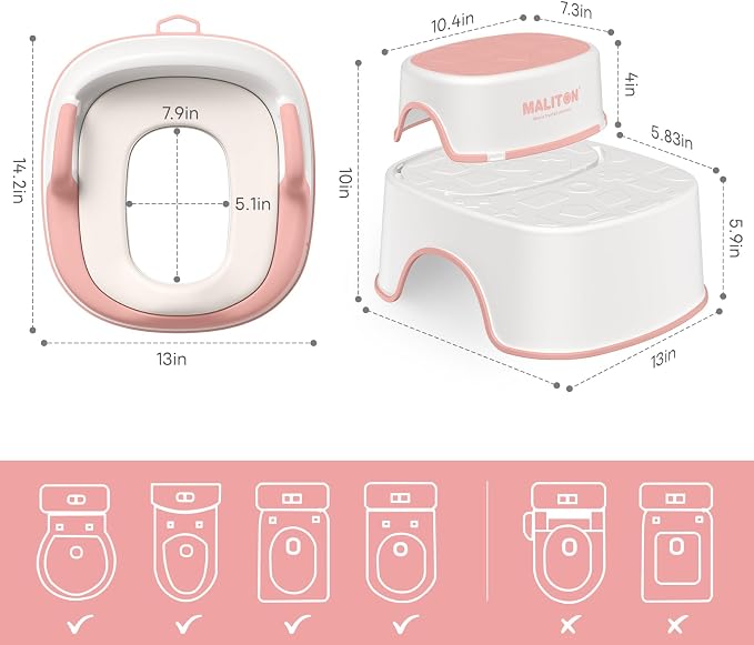 Potty Training Seat with Step Stools, Maliton Potty Training Toilet for Toddlers Girls with Splash Guard, Anti-Slip Toddler Stool for Bathroom, One Potty Seat and 2 in 1 Step Stool for Kids (Pink)