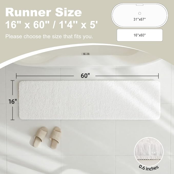 TYUU White Bathroom Runner Rugs, Ultra Soft Long Bath Mat Machine Washable Super Absorbent Quick Dry Bathroom Runner Rug 16 x 60 Non Slip, White 16" x 60"