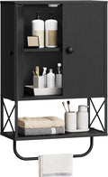MAHANCRIS Bathroom Wall Cabinet with 2 Door and Adjustable Shelf, Farmhouse Medicine Cabinet with Towel Rack, 3-Tier Wall Mounted Storage Cabinet Over The Toilet for Bathroom Laundry Room, Black