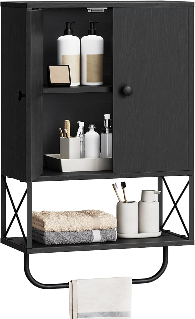 MAHANCRIS Bathroom Wall Cabinet with 2 Door and Adjustable Shelf, Farmhouse Medicine Cabinet with Towel Rack, 3-Tier Wall Mounted Storage Cabinet Over The Toilet for Bathroom Laundry Room, Black