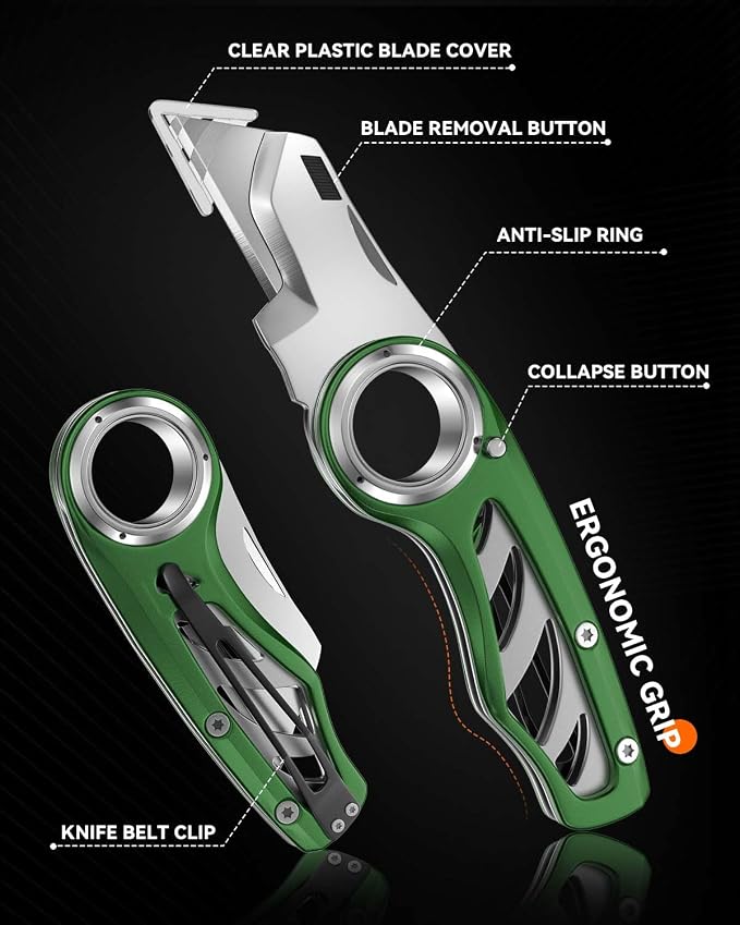 Folding Utility Knife Pocket Knife, Heavy-Duty Box Cutter with Anti Slip Finger Loop, Quick Change Blade Razor Knife, Box Cutters for Home, Office, Warehouse, Durable Razor Knife, Box Knife (Green)