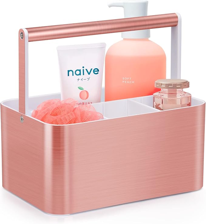 BYUNER Compact Shower Caddy Dorm - Portable Bathroom Caddy Organizer with Handle and Adjustable Divider for College Dorm & Shared Bathroom, Hard Plastic Shower Basket Tote for Toiletry Drainage, Pink