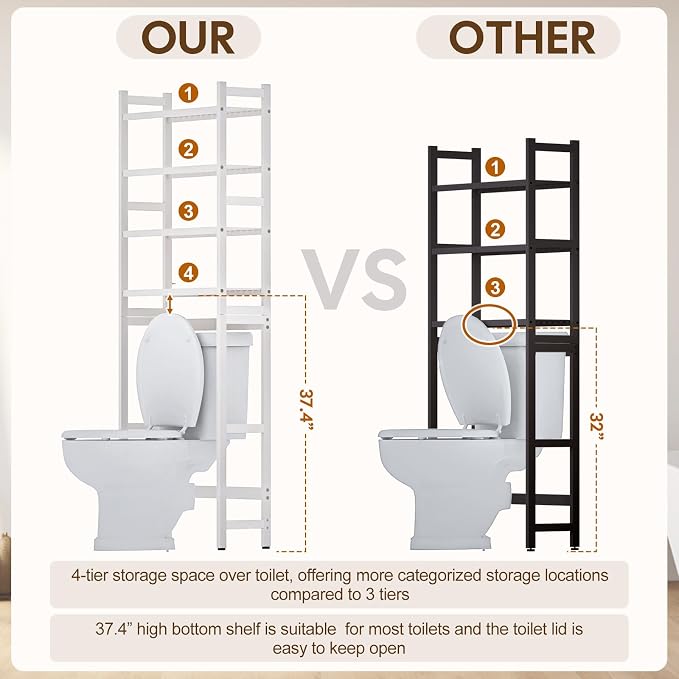 Cozivolife Over The Toilet Storage: 4-Tier Bamboo Organizer Rack with 2 Baskets & Paper Holder & 4 Hooks & Waterproof Feet Pad, Adjustable Freestanding Shelf for Bathroom (White)