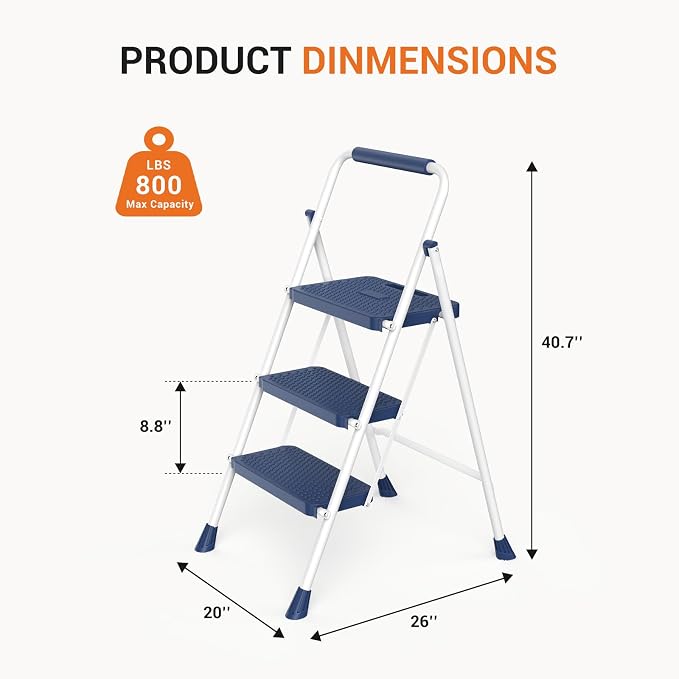 Sweetcrispy Folding 3 Step Ladder Stool - Lightweight, 800lbs Sturdy, with Anti-Slip Feet - Perfect for Home, Kitchen, and Office Use, Easy Storage and Portable Design, Blue