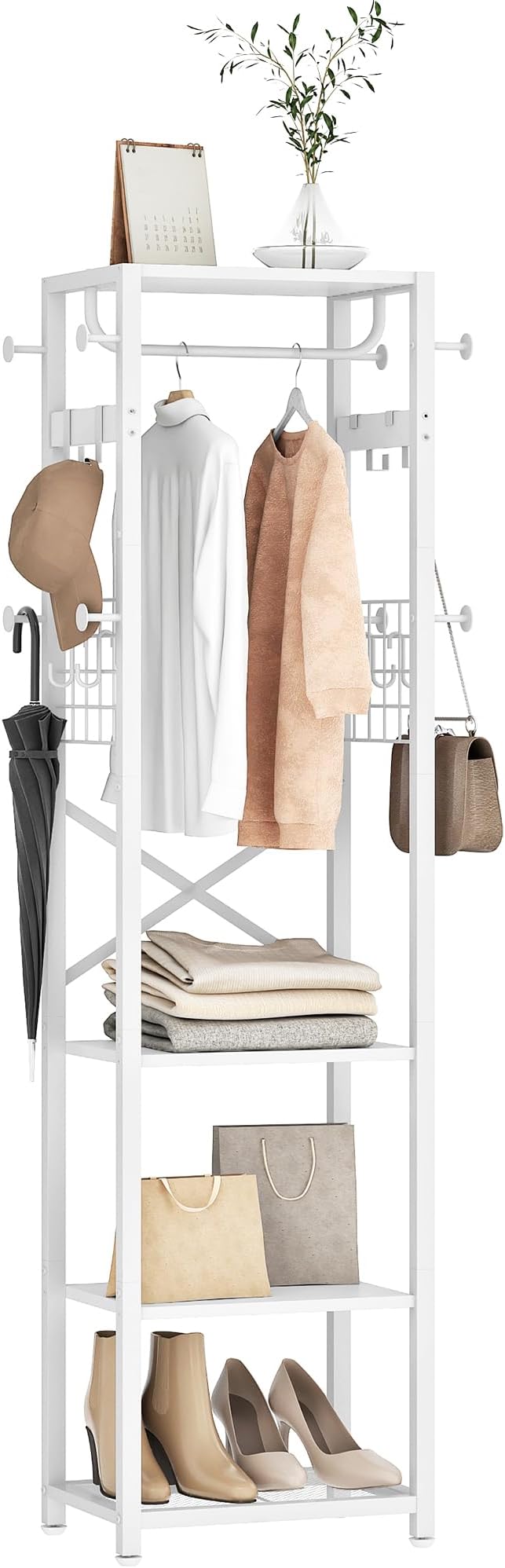 CHOEZON Coat Rack with Shelves, Freestanding Hall Tree, Coat Tree with 16 Hooks and Hanging Rail, Industrial Clothes Stand for Entryway, Hallway, Bedroom, White TYM18WB