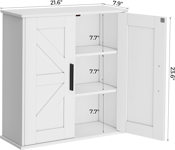 Homleke Bathroom Wall Cabinet, Over Toilet Storage Cabinet with Barn Doors and Adjustable Shelves, 3-Tier Medicine Cabinet Wall Mounted, for Bathroom, Kitchen, Entryway, Laundry Room, White, (7.9" D)