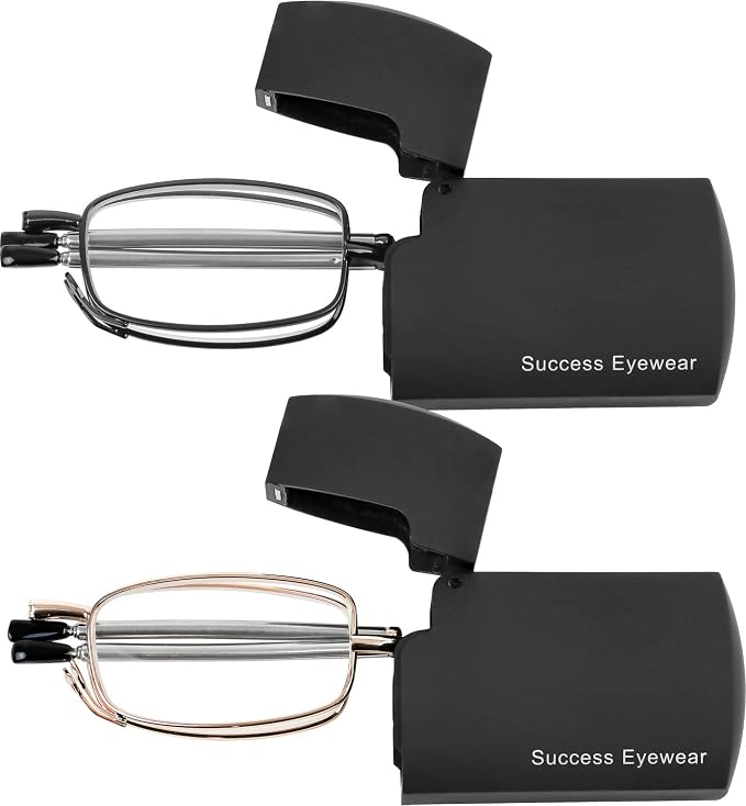Success Eyewear Reading Glasses 2 Pair Black and Gunmetal Readers Compact Folding Unisex Glasses for Reading Case Included