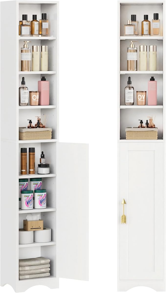 VECELO 71" Tall Narrow Storage Cabinet, Bathroom Storage Slim Freestanding Cabinet with Door & 6 Adjustable Shelves, Anti-Tip Design for Small Space, Kitchen, Living Room, White