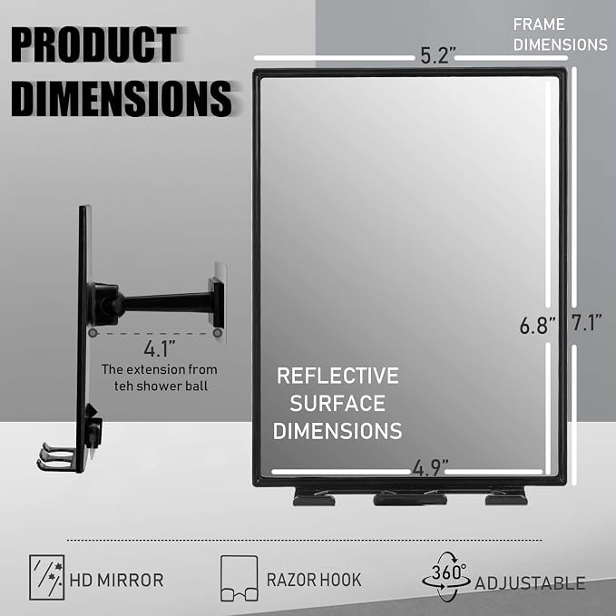 LFOYOU Shower Mirror for Shaving & Washing Your Face with a Squeegee - Built-in Two Razor Holder, 360°Rotation Adjustable Shaving Bathroom Mirror - Easy Install, Home Shower Accessory(Not Fogless)