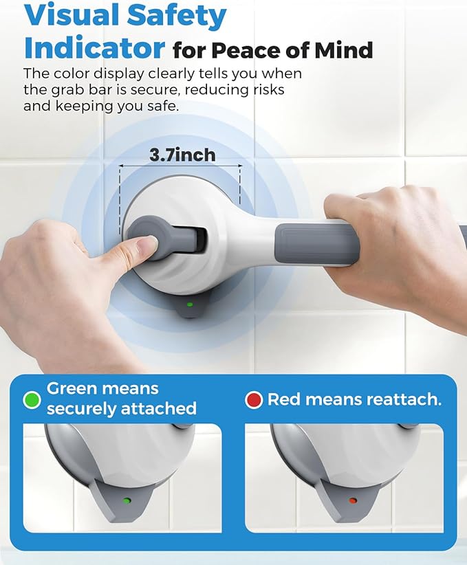 2 Pack 16.5" Suction Grab Bars for Showers with Visual Safety Indicator, No-Drill 4mm Thickened Handicap Shower Handle for Seniors, Non-Slip Bathroom Balance Rail for Smooth Tiles & Tubs