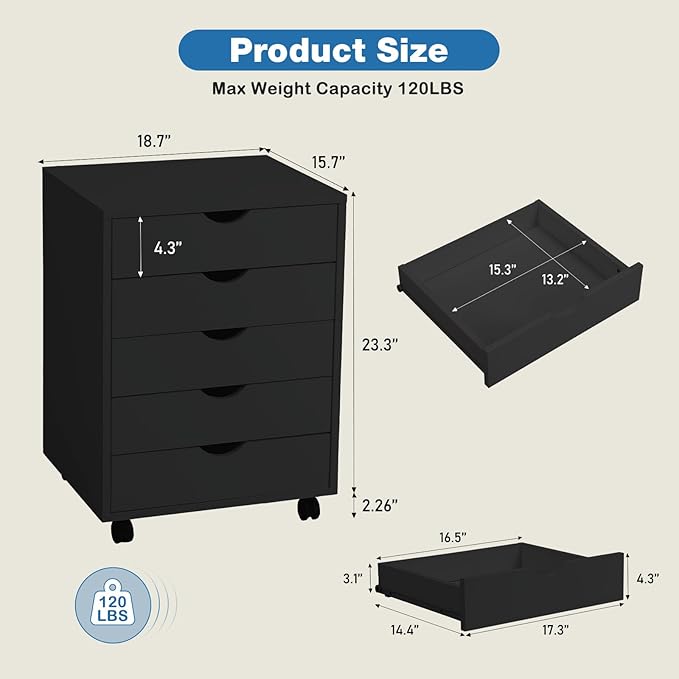 OLIXIS 5 Drawer Mobile File Cabinet Under Desk Storage Organization with Wheels Vertical Filing Chest Rolling Wood Small Desk Printer Stand for Home Office, 15.75"D x 18.74"W x 25.39"H, Black