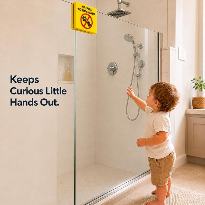 Frameless Glass Shower Door Lock Sleeve - Baby Proofing & Pet Stopper for Bathroom Sliding Doors - No-Drill Security Bumper,Funny Sign – (Yellow, 1/2 inch)