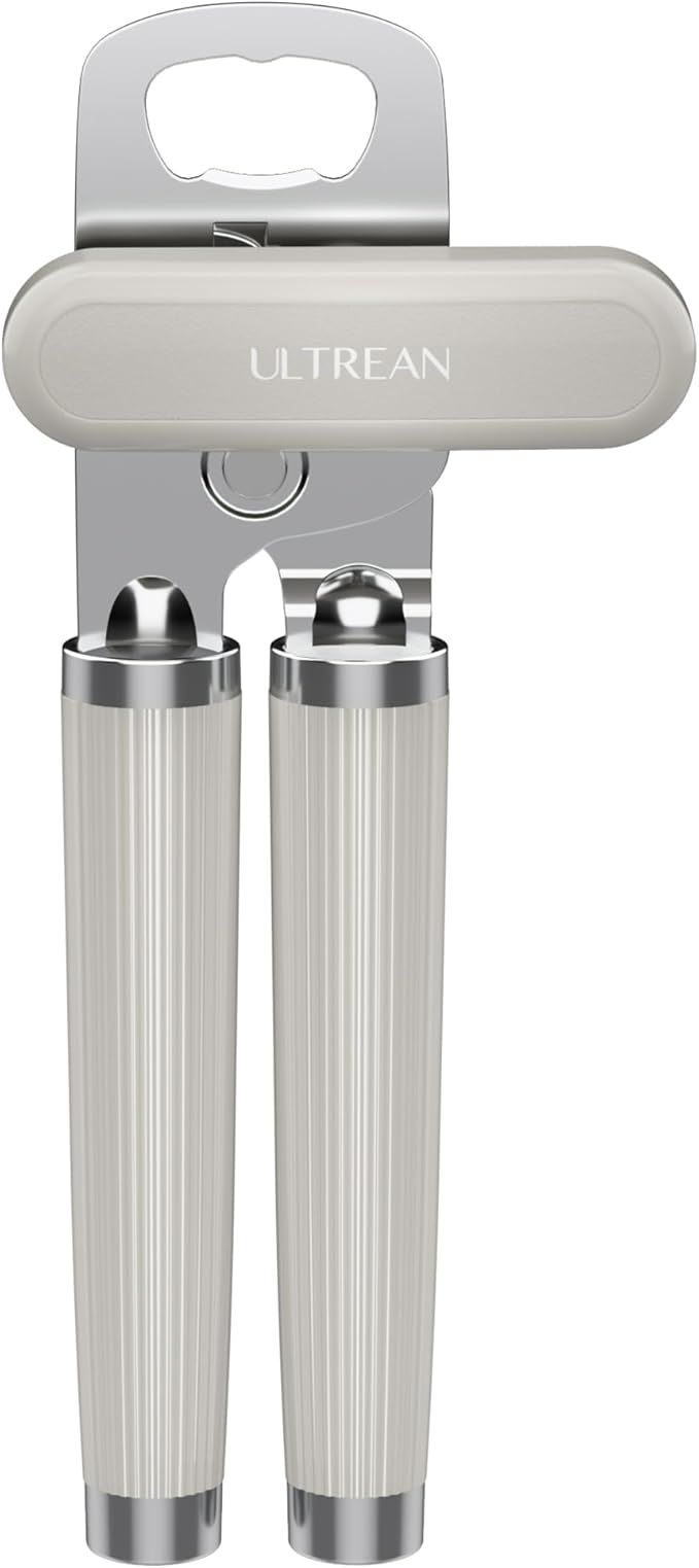 Ultrean Manual Can Opener Bottle Opener, Heavy Duty Stainless Steel Smooth Edge Manual Hand Held Can Opener With Soft Touch Handle, Rust Proof Oversized Handheld Easy Turn Knob (Light Gray)